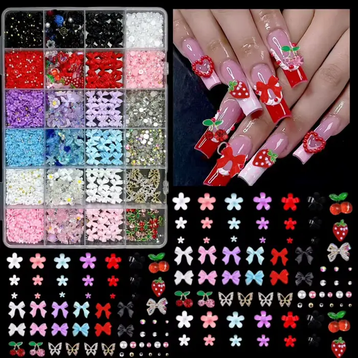 Ensemble de breloques pour Nail Art, bricolage, avec rubans, nœuds, fleurs, cerise, fraise et papill