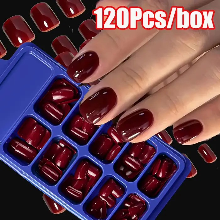 120 pièces cerise rouge court carré presse sur ongles 1 * boîte brillant rouge ongles carrés faux on