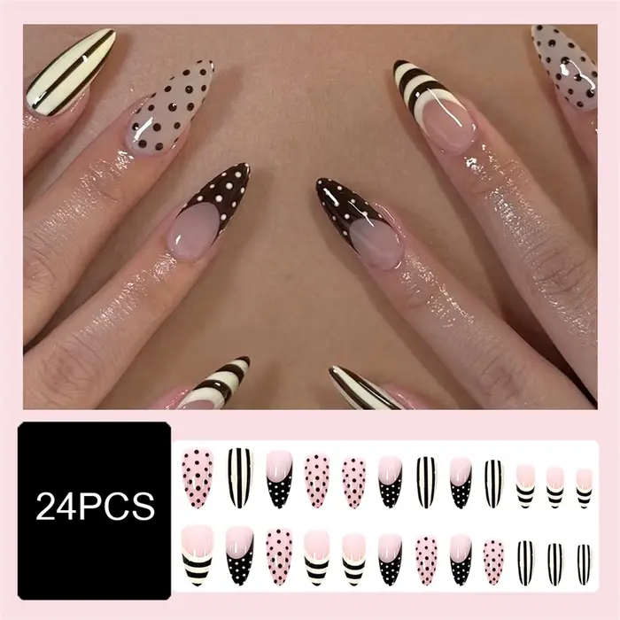 24 faux ongles français INS avec motif à pois noirs et rayures jaunes