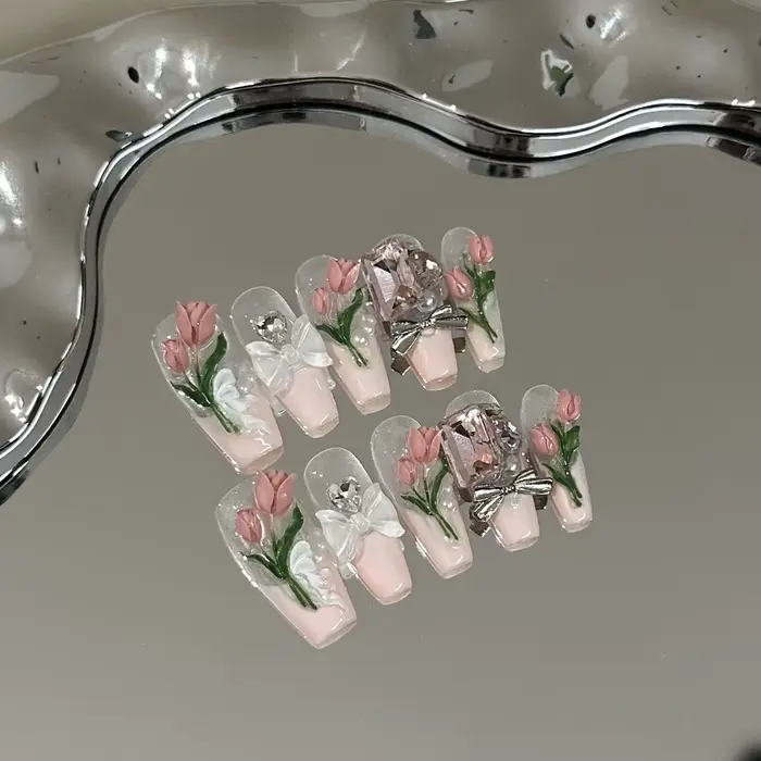 Faux ongles à presser faits main French Manucure, motifs 3D Tulipes, Nœuds, Perles, Diamants, Rose, 