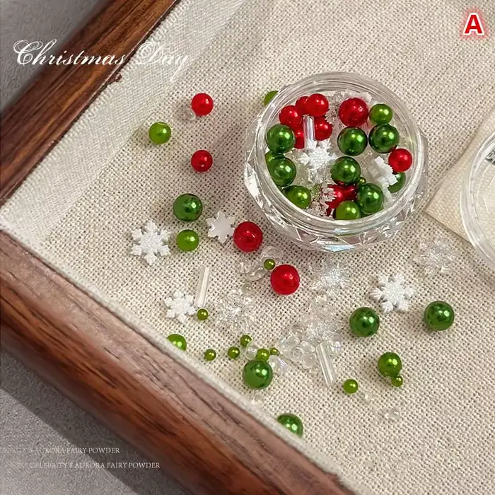1 boîte de strass pour ongles, perles rouges/vertes de noël, taille mixte, perles colorées nacrées, 
