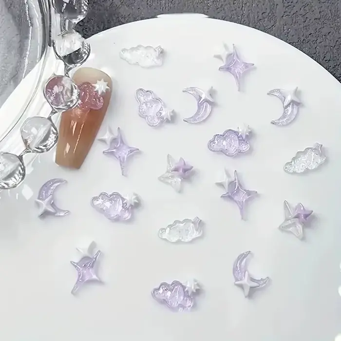 50pcs violet mélangé 3D lune nuage étoile breloques pour ongles en vrac Kawaii Lumionus Mini nuage d