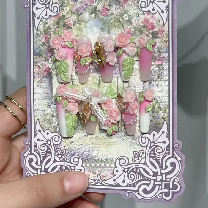 Romantique Floral 3D presse sur ongles à la main Roses feuilles perles arcs mariée mariage Nail Art faux