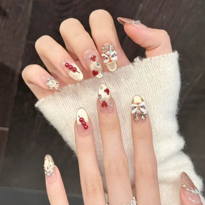 Faux ongles à pression faits à la main, motif Dragon, paillettes dorées, bâtonnets de bonbons 3D de 