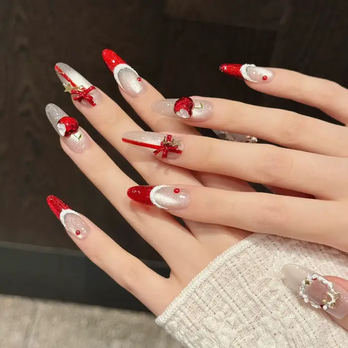10 pièces faux ongles de noël faits à la main charmant oeil de chat rouge pointe française presse