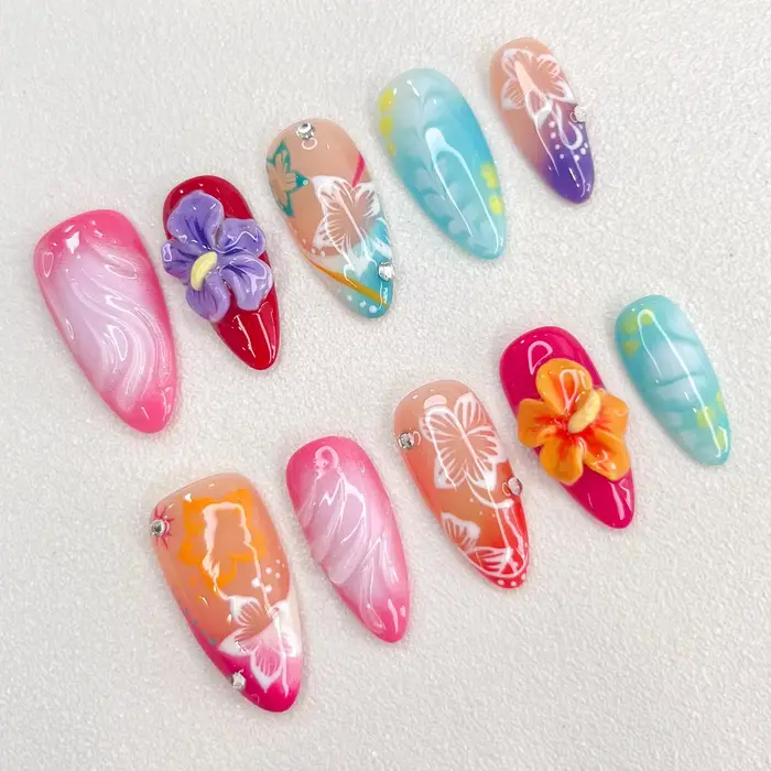 Ensemble d'ongles Hibiscus peints à la main