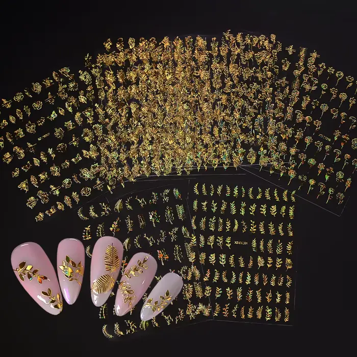 12 pièces/ensemble 3D feuille brillante fleur Nail Art autocollant Laer or bronzant feuilles ongles 