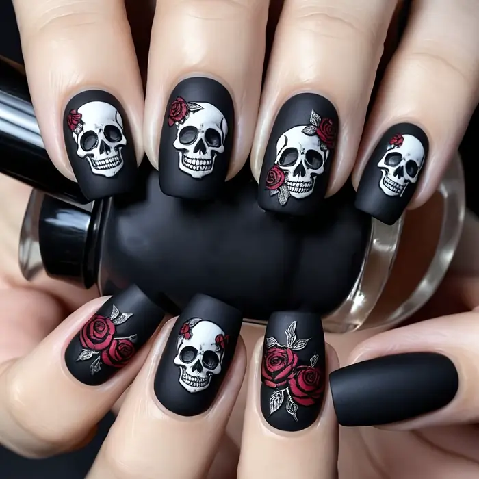 24 pièces ongles d'Halloween noir mat rose crâne imprimé conception couverture complète presse faux
