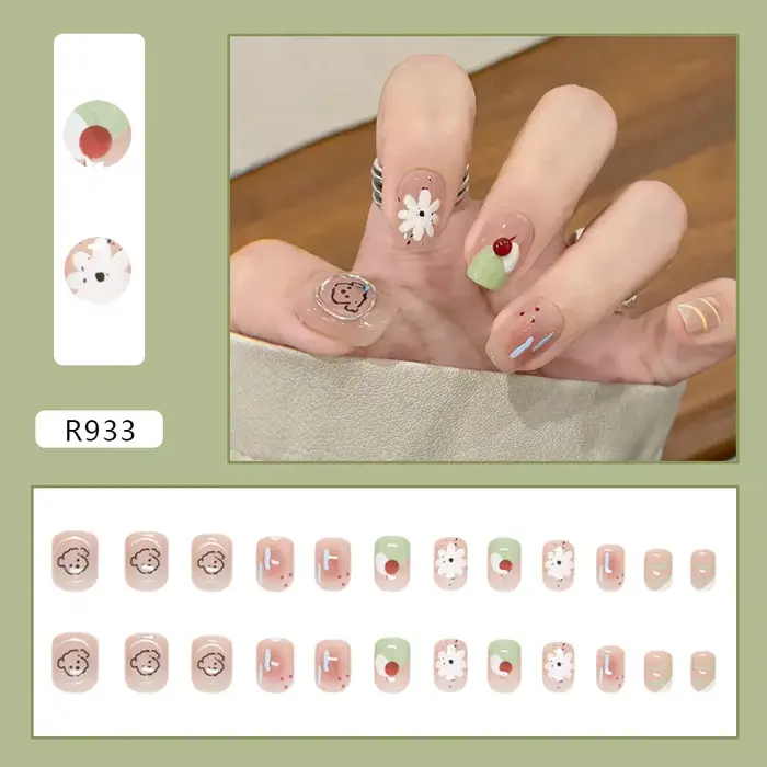 24 pièces Blush faux ongles avec colle fleur chiot été presse