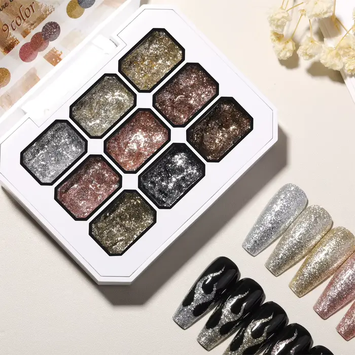 Vernis à ongles solide platine haute densité 9 couleurs métalliques - Gel scintillant pour les contours