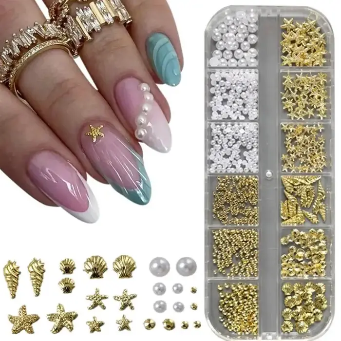 Perles 3D pour nail art sur le thème de l'été, étoiles de mer brillantes, coquillages, perles, breloques pour la décoration quotidienne des ongles des filles, DIY
