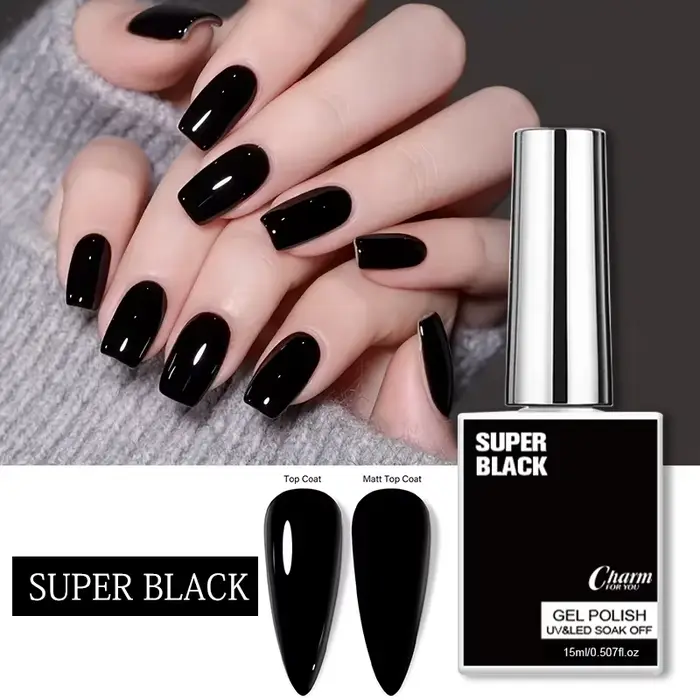 Vernis à ongles gel noir intense 15ml UV LED Soak Off, haute pigmentation, couvrance totale, longue