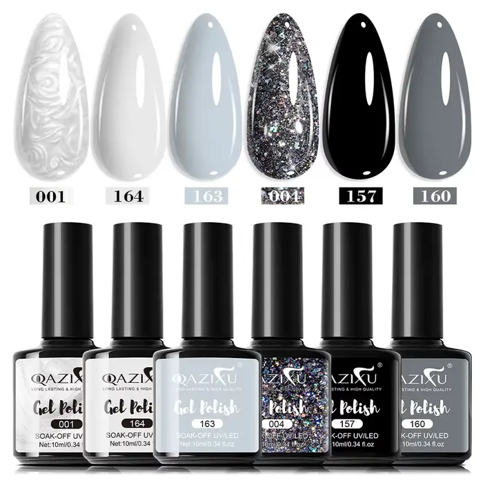 QAZIXU 1/6 pièces gris blanc couleur vernis à ongles paillettes Gel Semi Permanent UV Gel hiver tremper UV LED Nail Art