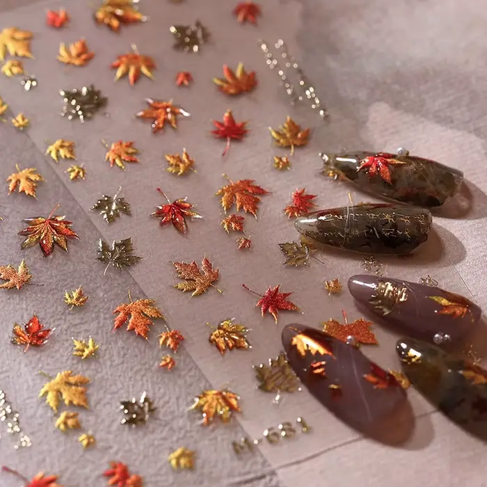 5D en relief gelée feuille d'érable Nail Art autocollant or rouge automne feuilles