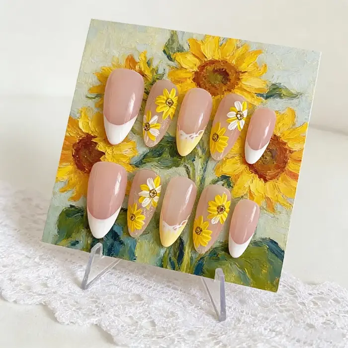 Lot de 10 faux ongles press-on faits main motif tournesol