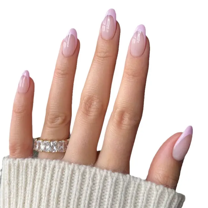 Mode femmes filles longue forme ovale français rose bordure rayures couverture complète portable faux ongles presse sur Nail Art 24 pièces/ensemble ﻿