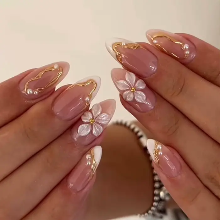 Faux ongles amande jaunes à fleurs roses 3D