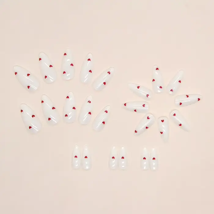 24 pièces ongles en forme d'amande blanc couverture complète presse rouge