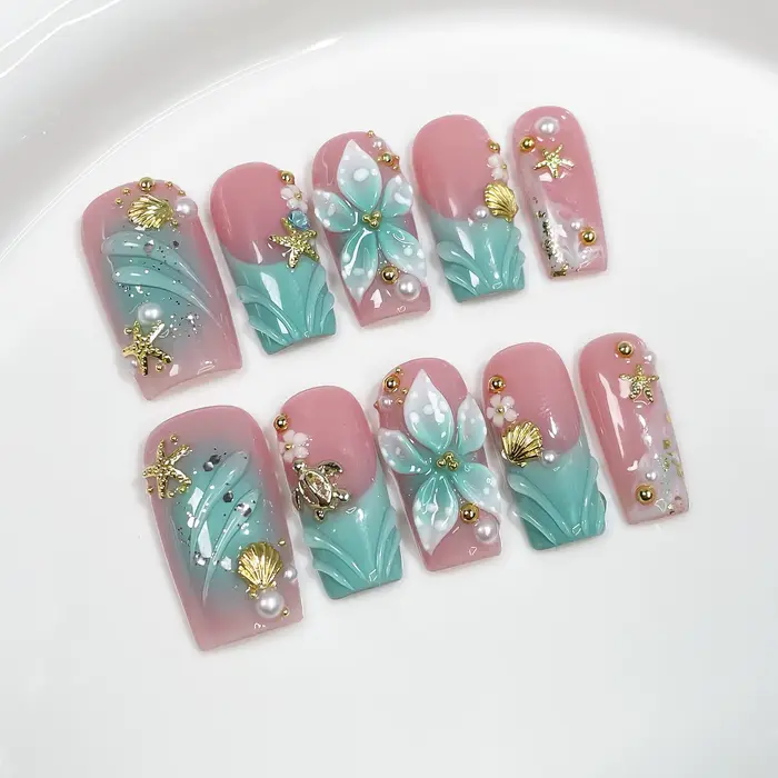 10 pièces rêveur océan presse sur ongles 3D fleur perle étoile de mer Nail Art dégradé français faux