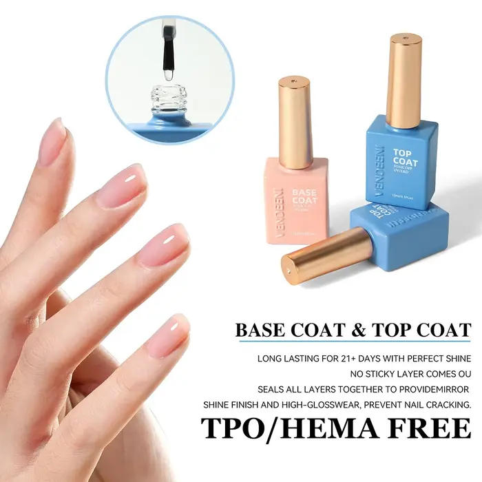 Vendeeni Top Coat Fort Sans Résidu à Haute Luminosité, Base Coat, Vernis à Ongles en Gel UV, Vernis Gel Durable, Top Coat Résistant aux Rayures