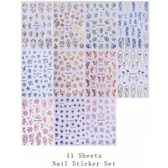 11 autocollants floraux pour ongles printemps-été - Motif fleur de cerisier