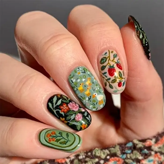 Faux ongles ovales à tête ronde courte, 24 pièces, avec motif de poisson coloré, à pression, finitio