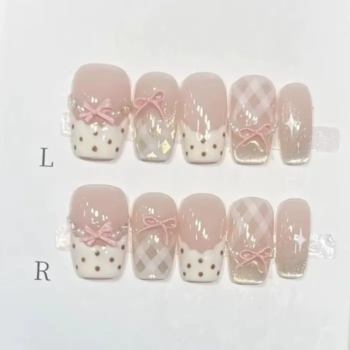 Faux ongles de Ballet mi-longs, 10 pièces, à la mode, œil de chat rose, joli nœud, ensemble d'ongles