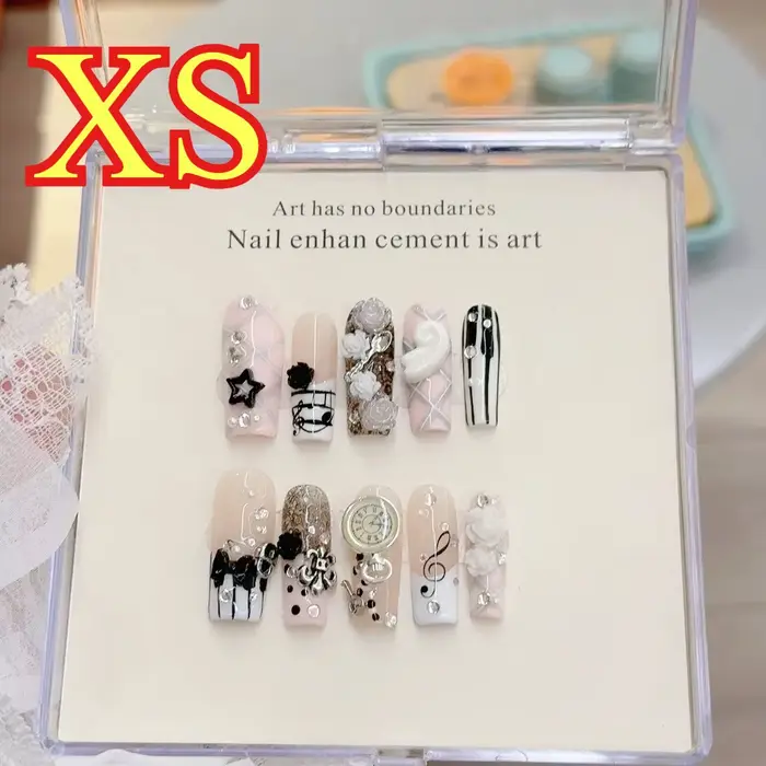 Notes musicales rétro Vintage Gyaru français presse à la main sur les ongles 3D Rose arc perle Rose 