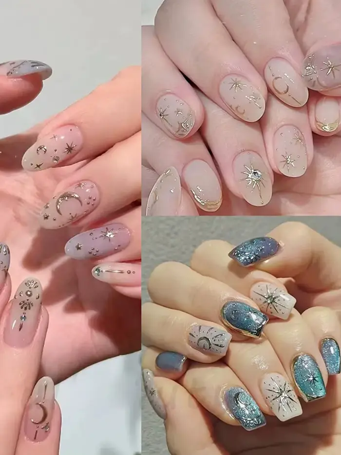 Autocollants pour ongles en or et argent, étoiles, lunes et cœurs, 6/12/24 feuilles, autocollants 3D