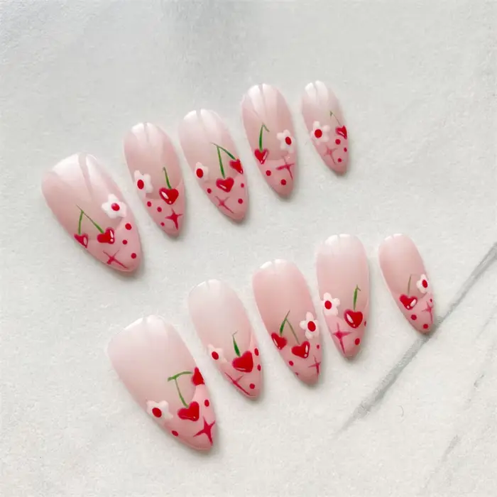 10 faux ongles press-on faits main roses avec cœurs 3D et motifs floraux, durables et réutilisables,