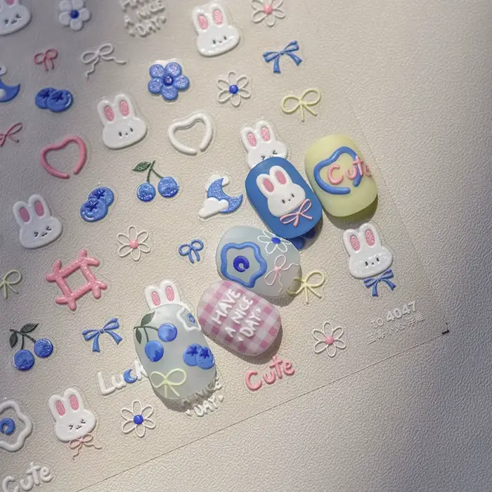 Autocollants pour ongles lapin 5D Kawaii, 1 pièce, dessin animé en relief, fleur rose bleue, adhésif
