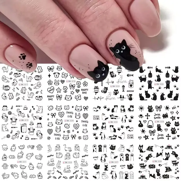 Autocollants à l'eau pour ongles chat noir, 12 modèles, décalcomanies mignonnes de dessin animé Kawa