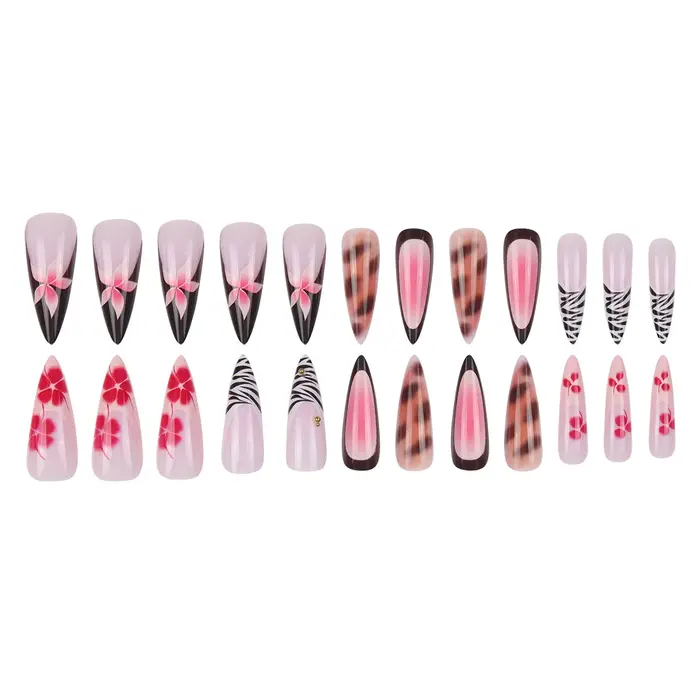 Faux ongles nude avec motif floral rose et bleu, perles métalliques et strass, forme amande, à presser, pour nail art