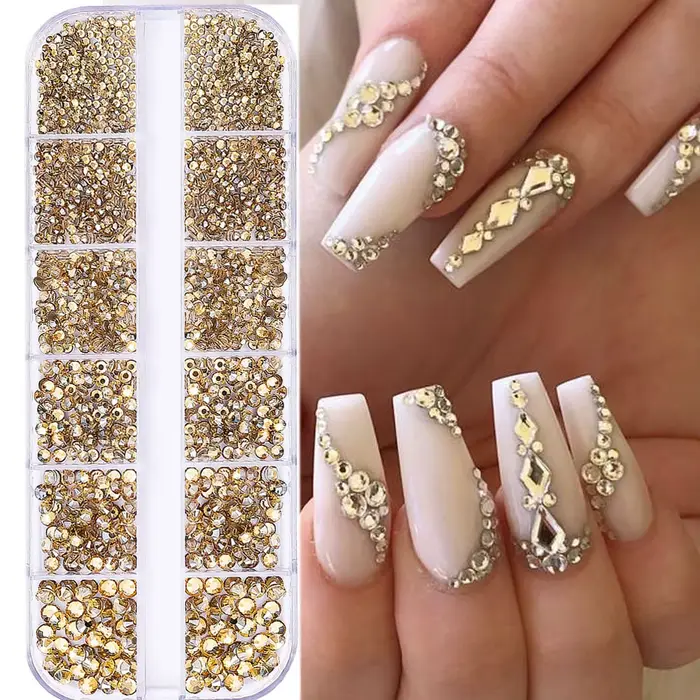 1.5mm-5mm Champagne verre cristal Nail Art gemmes 12 grilles Flatback SS4-SS16 mixte Nail Art strass
