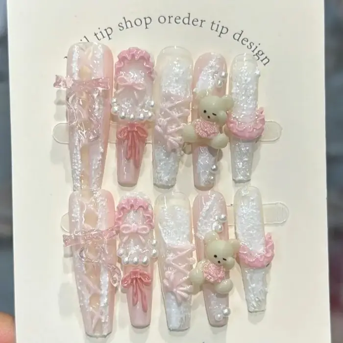 10 Pièces Faux Ongles à Presser Faits Main French Manucure en Dentelle