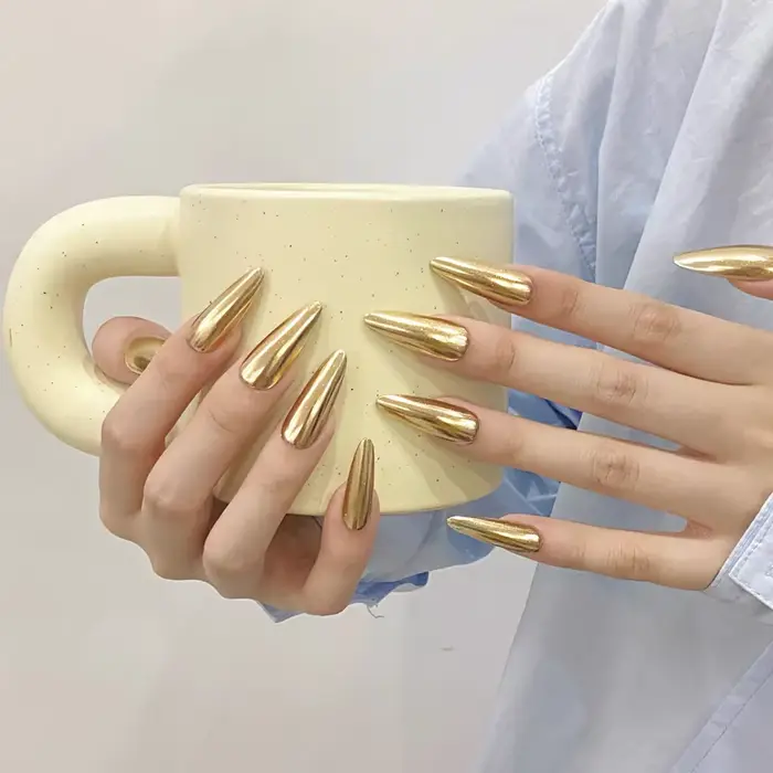 10 pièces longues amande or presse à la main sur les ongles acrylique faux
