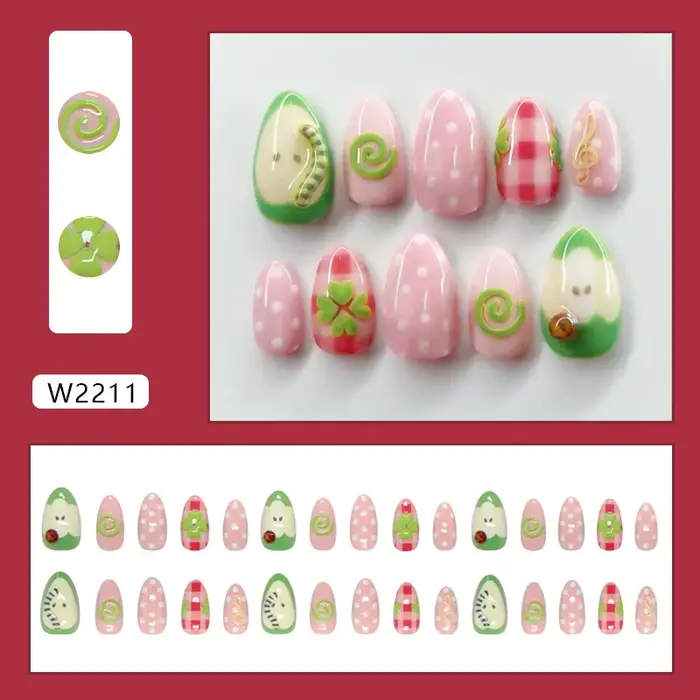 24 faux ongles à presser vert mignon motif pomme et amande