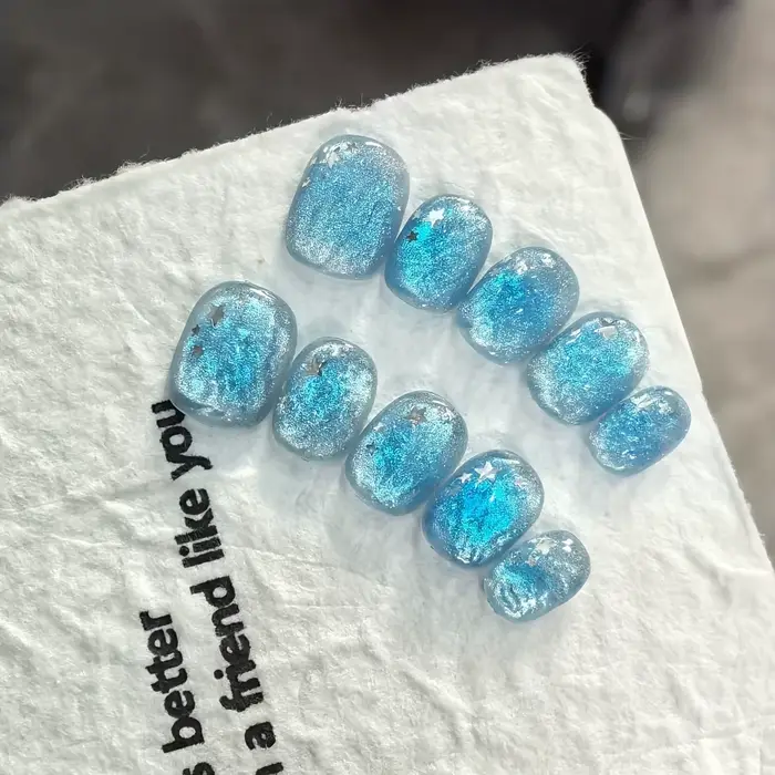 Faux ongles à pression faits à la main, bleu glace, étoile d'océan, Texture transparente, pour femme