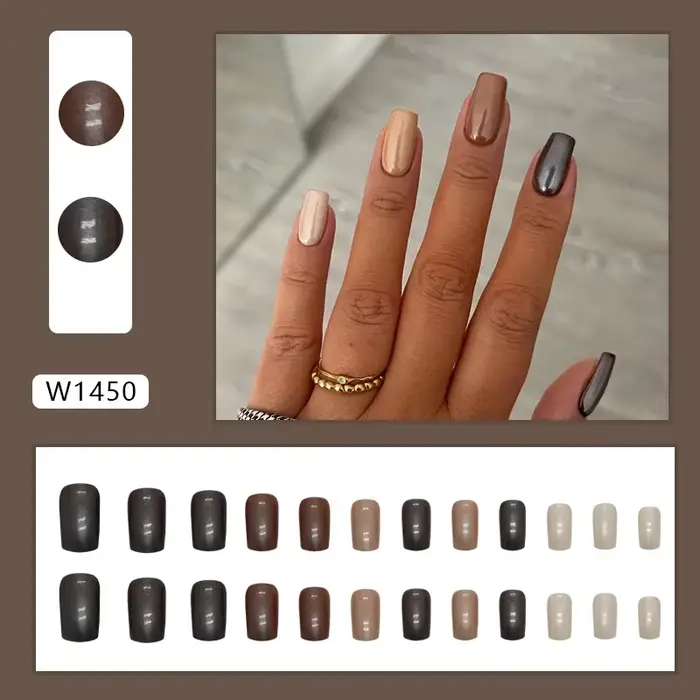 Brown Lake-Faux Ongles avec Gelée Autocollante, à Pression, Tête Ronde, Ovale, Couverture Complète, 