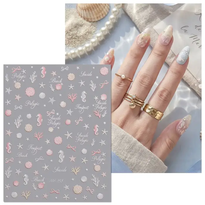 Autocollants pour ongles Coquillages Océaniques Aurora - Décorations 3D en relief Étoiles de mer et Hippocampes pour