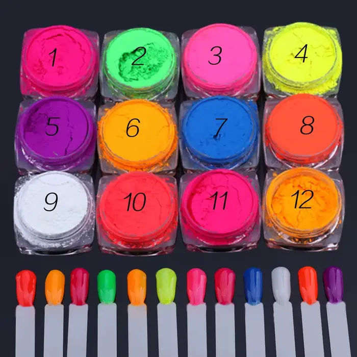Ensemble de poudre de pigment au phosphore néon des années 2013, 12 pièces, paillettes fluorescentes