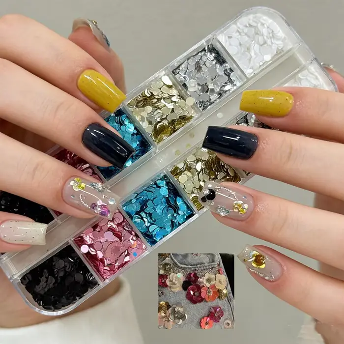 1 boîte de paillettes pour ongles en forme de fleurs 3D colorées