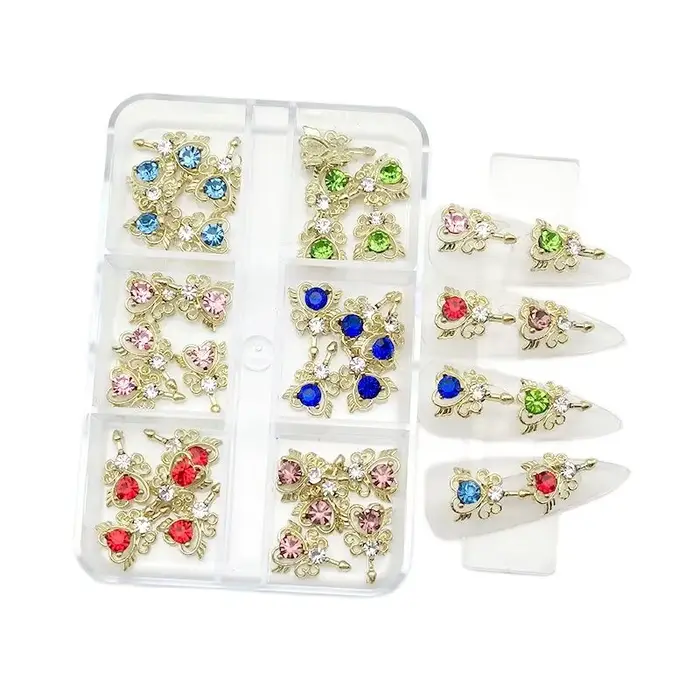 6 compartiments de strass pour ongles, breloques croix planète Saturne, bijoux de luxe pour ongles,