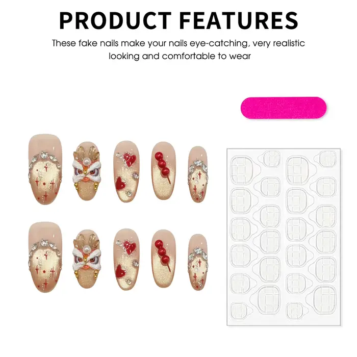 Faux ongles à pression faits à la main, motif Dragon, paillettes dorées, bâtonnets de bonbons 3D de 