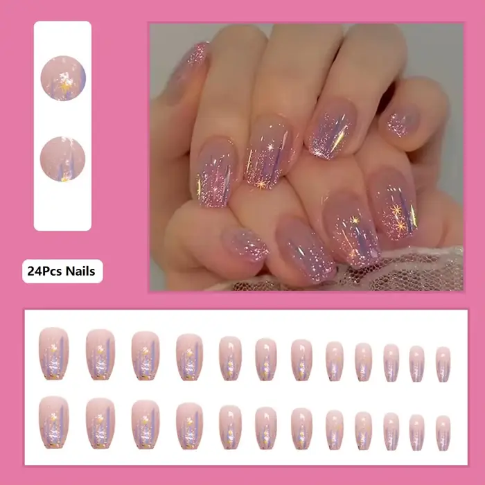 Ongles à pression rose violet brillant carrés courts brillants détachables en acrylique adaptés à l'art des ongles des femmes et des filles