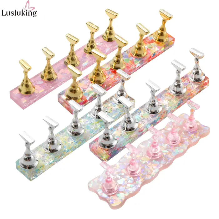 Support magnétique pour ongles en acrylique, motif cœur rose irisé, pour présentation et entraînemen