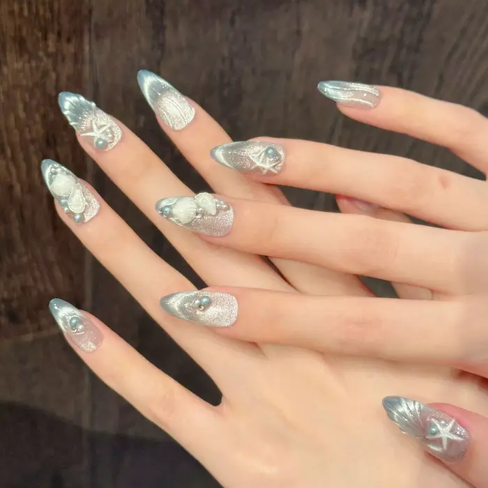 10 pièces romantique Style français fait à la main faux ongles 3D coquillages étoile de mer conçoit été plage presse