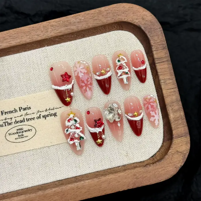 10 pièces faux ongles de noël faits à la main charmant oeil de chat rouge pointe française presse