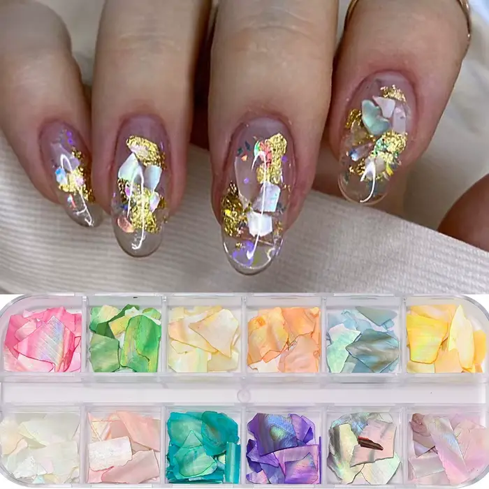 12 grilles Nail Art Aurora coquille d'ormeau flocons 3D tranches de coquille de mer irrégulières bre