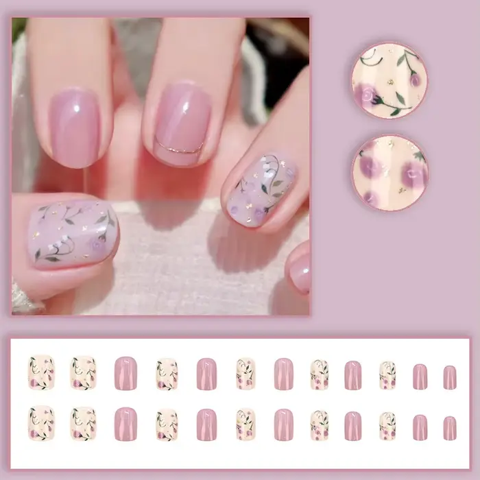 24 pièces/ensemble faux ongles courts moyens pour le printemps été belles fleurs colorées abeilles f